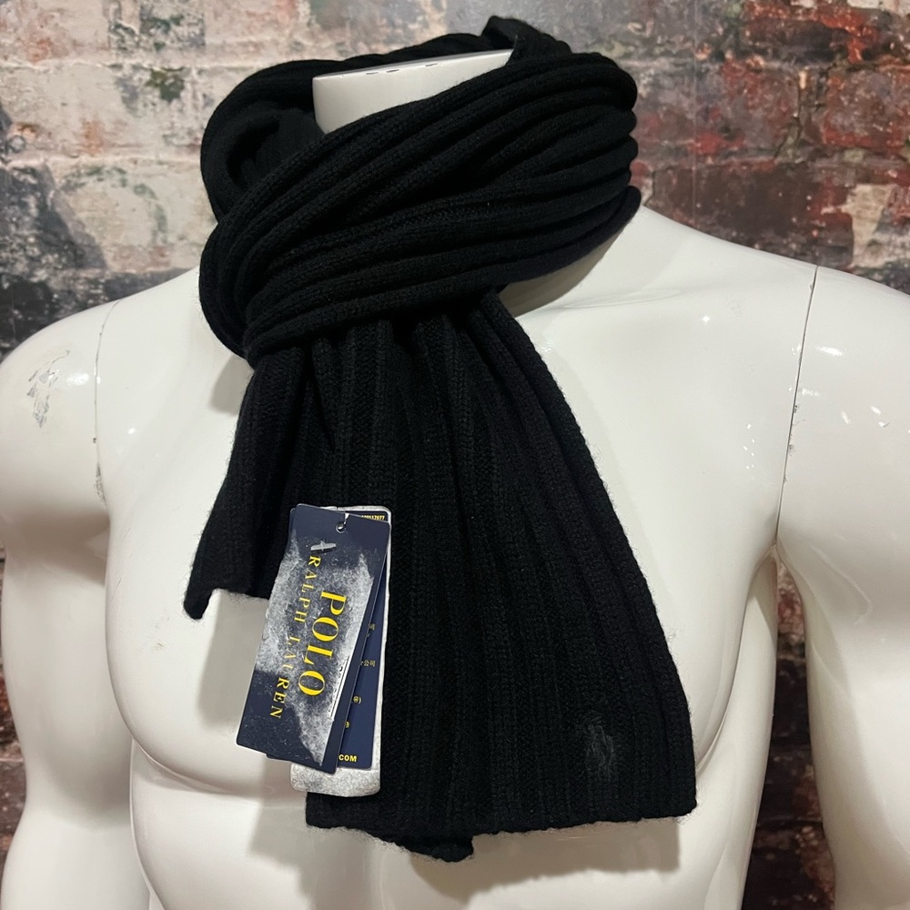 NEW $79 Polo Ralph Lauren Ribbed Scarf!  Black With Black Polo Horse  Wool - Picture 3 of 4